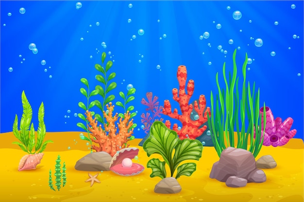 Paisaje submarino a nivel de juego Fondo de paralaje vectorial de dibujos animados con silueta de banco de peces en el fondo del mar