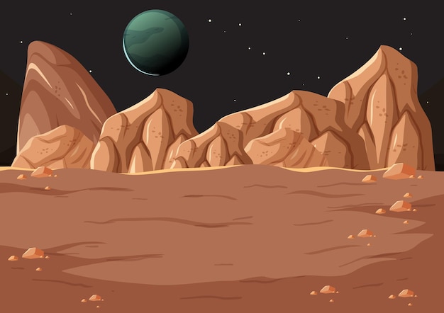 Vector paisaje de la superficie del espacio exterior con el planeta.