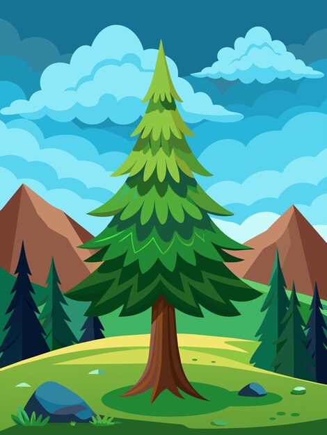 Vector paisaje tranquilo de bosque de abetos bajo un vasto cielo azul