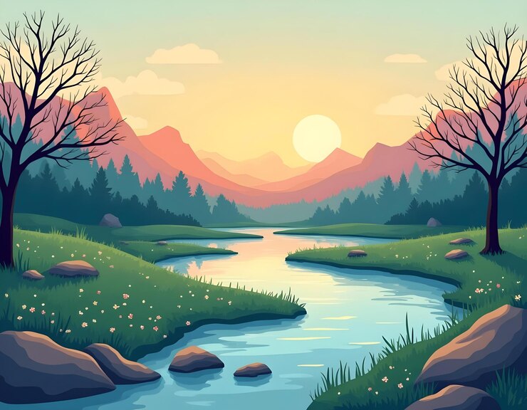Paisaje tranquilo con hierba verde del río árboles desnudos y montañas por la mañana dibujos animados vectoriales