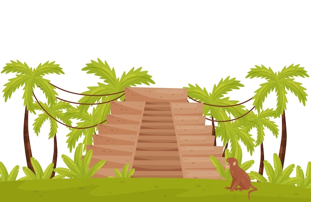 Paisaje tropical de dibujos animados con antigua pirámide maya monos marrones lindos plantas verdes palmeras con lianas selvas salvajes paisajes naturales tema de viajes de verano ilustración vectorial plana colorida