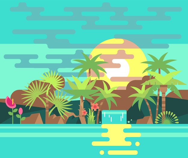 Vector paisaje tropical estilizado con palmeras y cascada