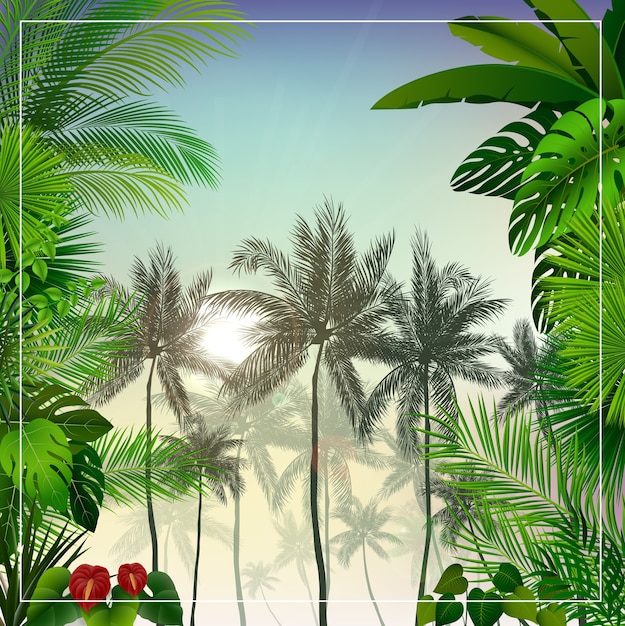 Vector paisaje tropical por la mañana con palmeras y hojas