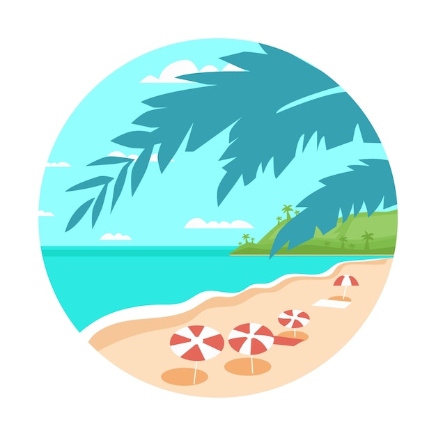 Vector paisaje tropical con playa y mar.