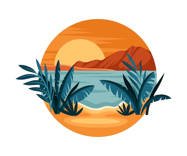 Paisaje tropical con puesta de sol y playa de arena con flora en círculo Ilustración vectorial de primer plano