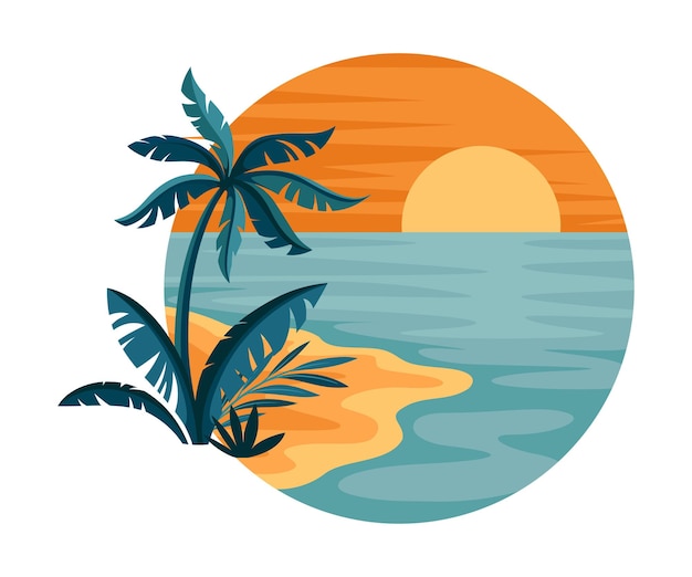 Paisaje tropical con puesta de sol y playa de arena con palmera en círculo Ilustración vectorial de primer plano