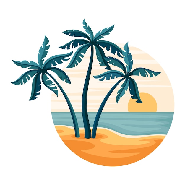 Paisaje tropical con puesta de sol y playa de arena con palmera en círculo Ilustración vectorial de primer plano