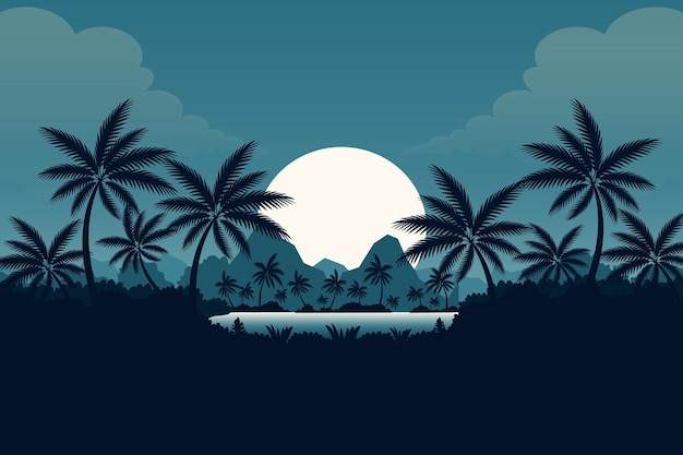 Paisaje tropical con siluetas de palmeras vista de la luna y la montaña en tonos azules ilustración vectorial