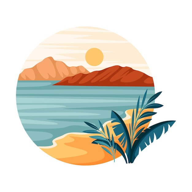 Paisaje tropical con sol brillante y playa de arena con flora en círculo Ilustración vectorial de primer plano