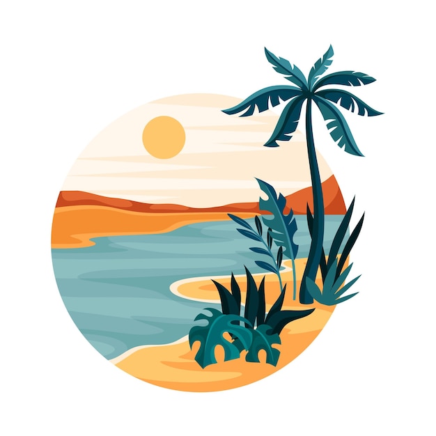 Paisaje tropical con sol brillante y playa de arena con palma en círculo Ilustración vectorial de primer plano