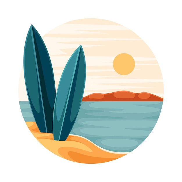 Paisaje tropical con sol brillante y playa de arena con tabla de surf en círculo Ilustración vectorial de primer plano