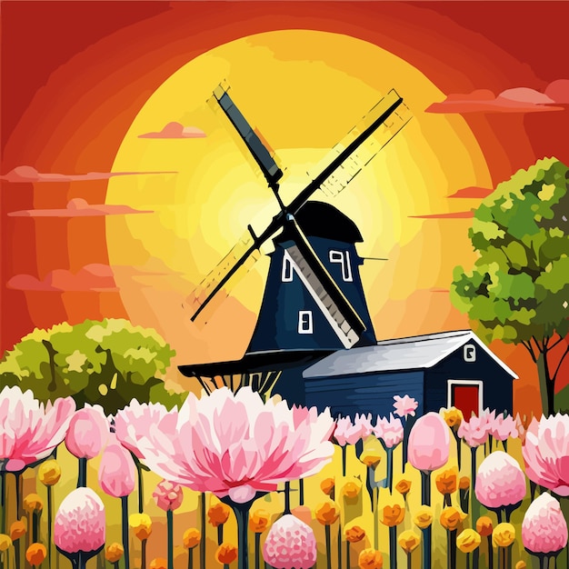 Vector paisaje con tulipanes molinos de viento holandeses tradicionales en los países bajos europa contra el cielo con puesta de sol