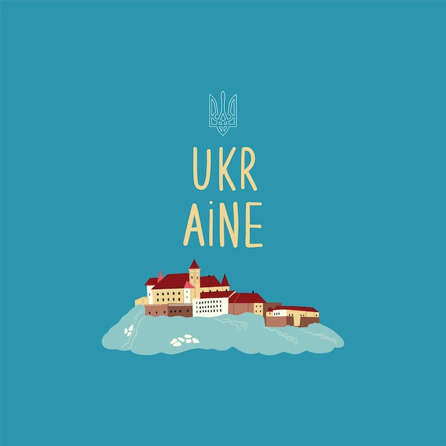 Vector paisaje ucraniano con castillo en la montaña letras de ucrania