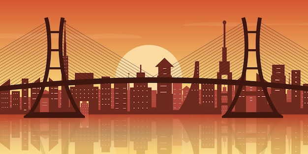 Vector paisaje urbano al atardecer con puente y lago