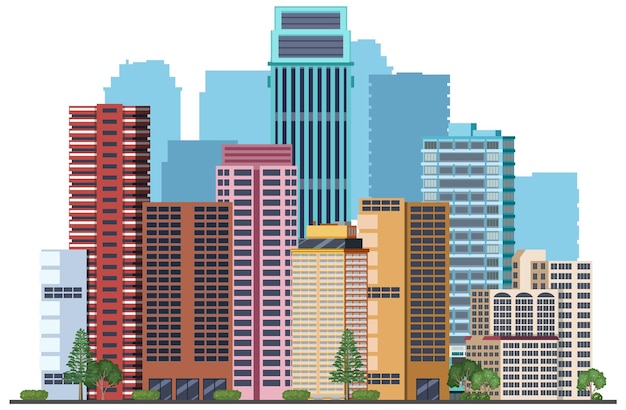 Vector paisaje urbano con altos rascacielos