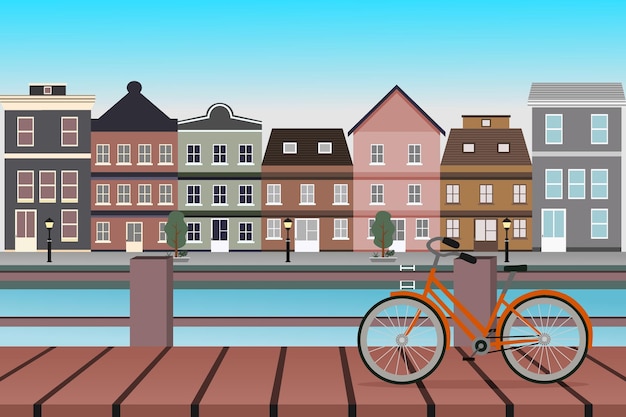 Paisaje urbano de ámsterdam con casas antiguas canales de agua puente y bicicletas ilustración vectorial