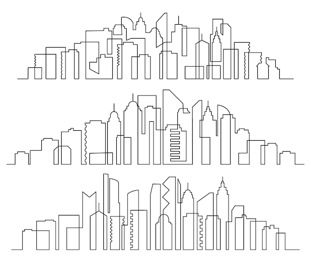 Paisaje urbano de arte lineal. Panorama horizontal de edificios de la ciudad, rascacielos de la ciudad y conjunto de silueta urbana moderna.