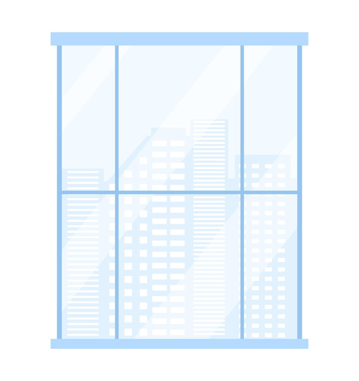 Vector paisaje urbano azul minimalista visto a través de una gran ventana horizonte urbano moderno y arquitectura