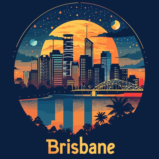 Un paisaje urbano de Brisbane con un gran sol naranja en el fondo
