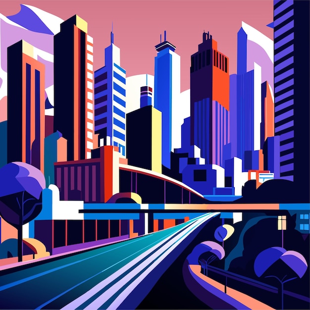 Vector paisaje urbano con carretera y ciudad