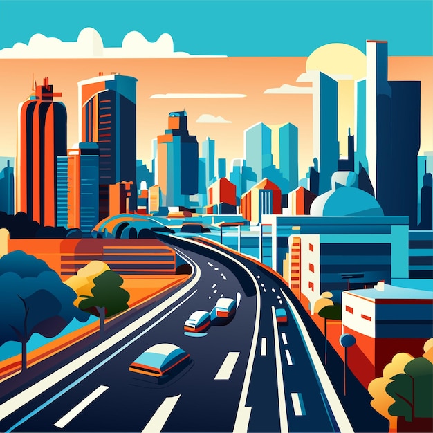 Vector paisaje urbano con carretera y ciudad