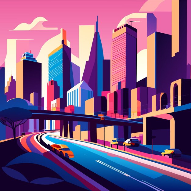 Vector paisaje urbano con carretera y ciudad