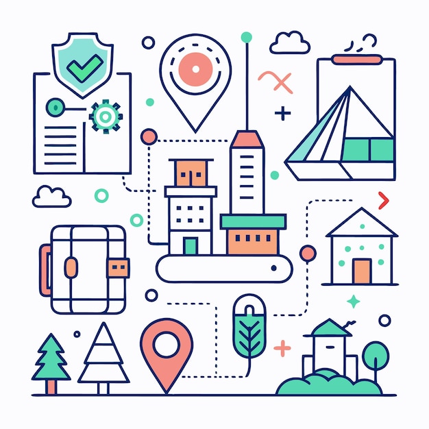 Paisaje urbano con casas, árboles y una tienda