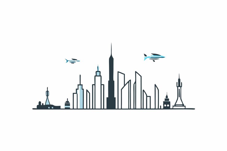 Vector un paisaje urbano de ciencia ficción con altos rascacielos futuristas y vehículos voladores