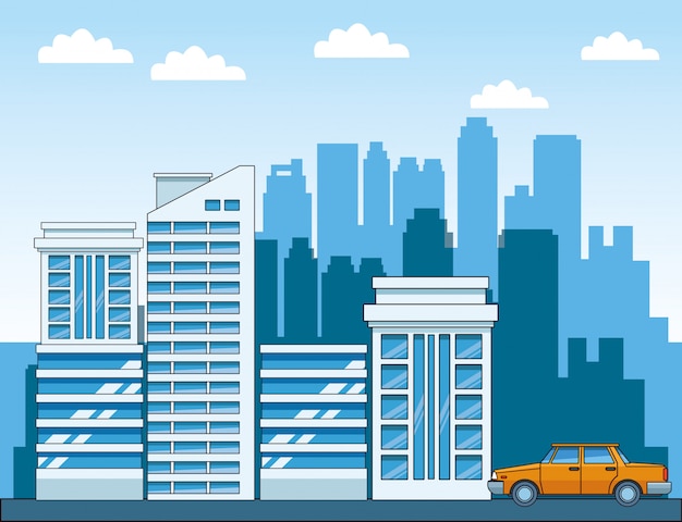 Paisaje urbano de la ciudad con un edificio moderno y un automóvil clásico.
