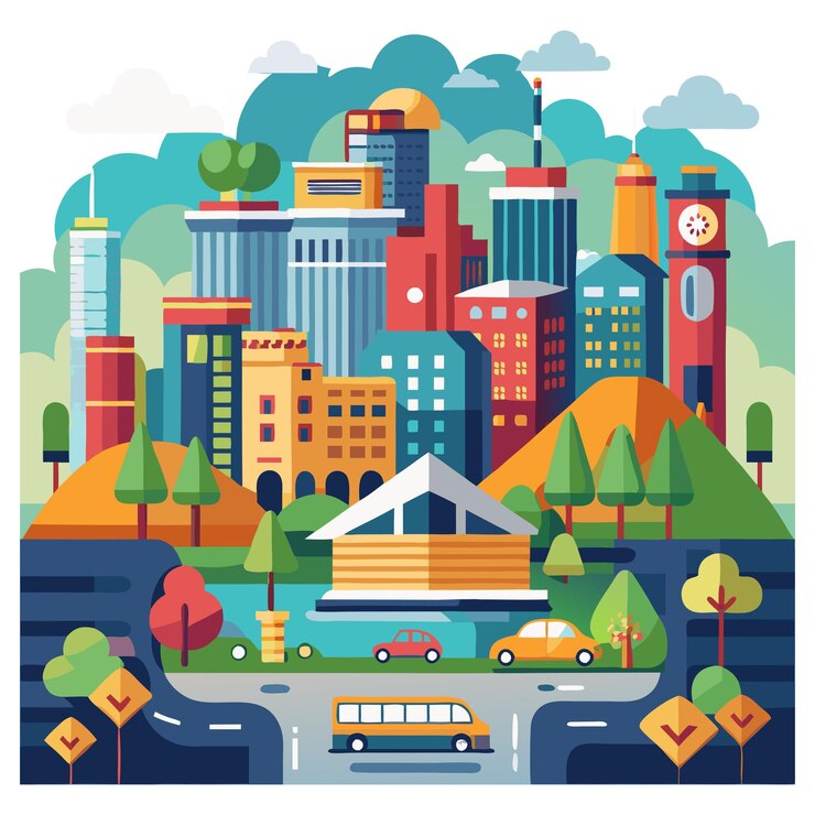 Paisaje urbano colorido con horizonte y parque de la ciudad moderna