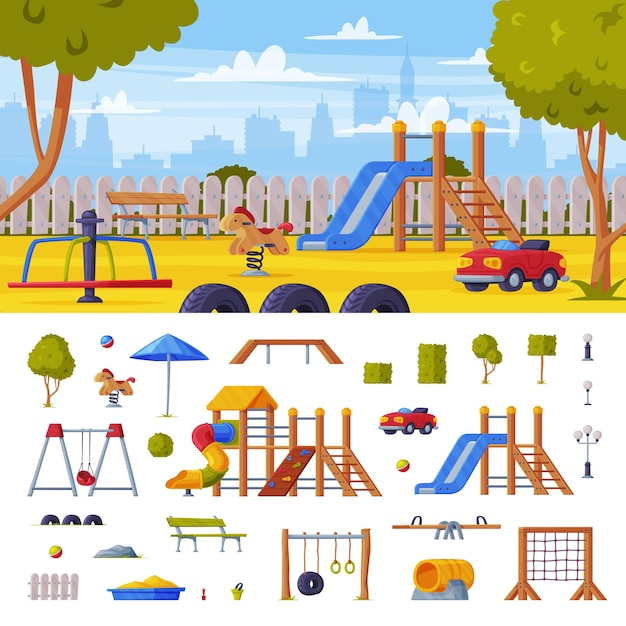 Paisaje urbano colorido con patio de recreo para niños como área pública urbana de verano para jugar y conjunto vectorial de equipos