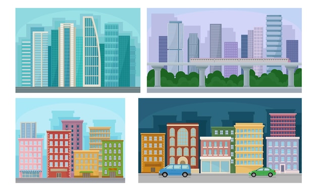 Vector paisaje urbano conjunto calles de la ciudad con altos rascacielos edificios modernos y coches ilustración vectorial en fondo blanco