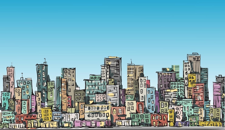 Vector paisaje urbano construcción de líneas de fondo artístico horizonte de la ciudad dibujado a mano