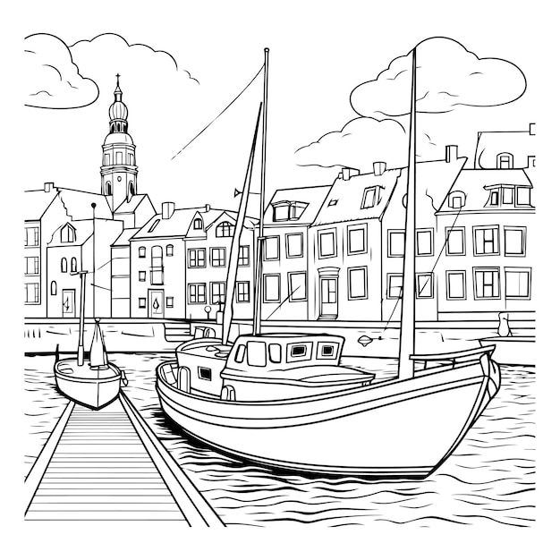 Paisaje urbano de copenhague con barcos ilustración vectorial dibujada a mano