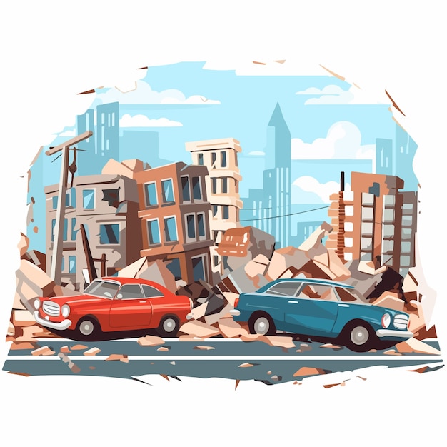 Paisaje urbano destruido con edificios dañados carreteras y automóviles después del desastre