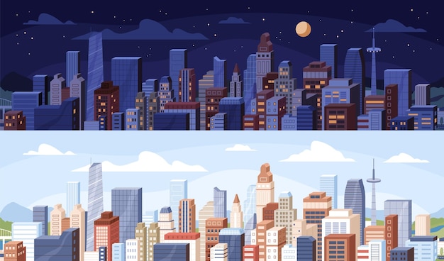 Vector paisaje urbano de día y de noche vista panorámica de la ciudad con techos de edificios de rascacielos al mediodía y a medianoche ilustración vectorial plana de color de día y noche en el centro moderno