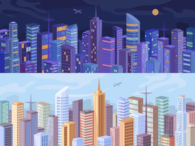 Paisaje urbano en dibujos animados de vista aérea de día y noche