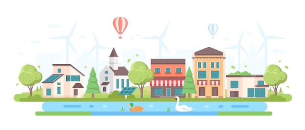 Paisaje urbano ecológico - ilustración de vector de estilo moderno diseño plano sobre fondo blanco. Composición con pequeños edificios, árboles, iglesia, un estanque, paneles solares, cafés, molinos de viento, un globo en el cielo.