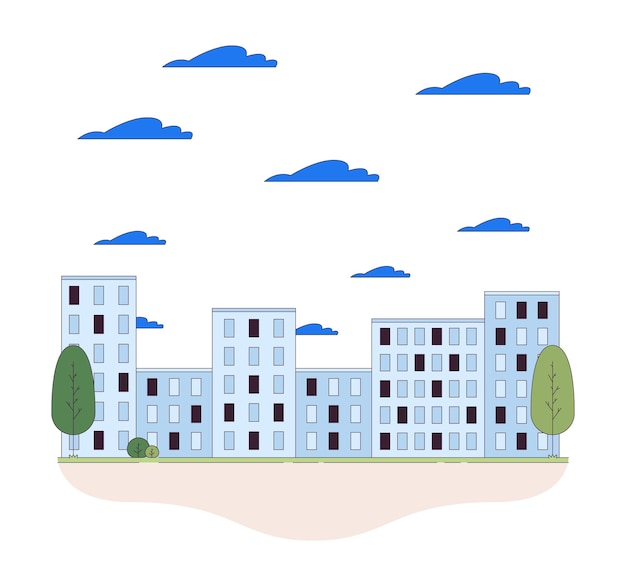 Paisaje urbano con edificios de apartamentos de varios pisos en línea ilustración plana de dibujos animados