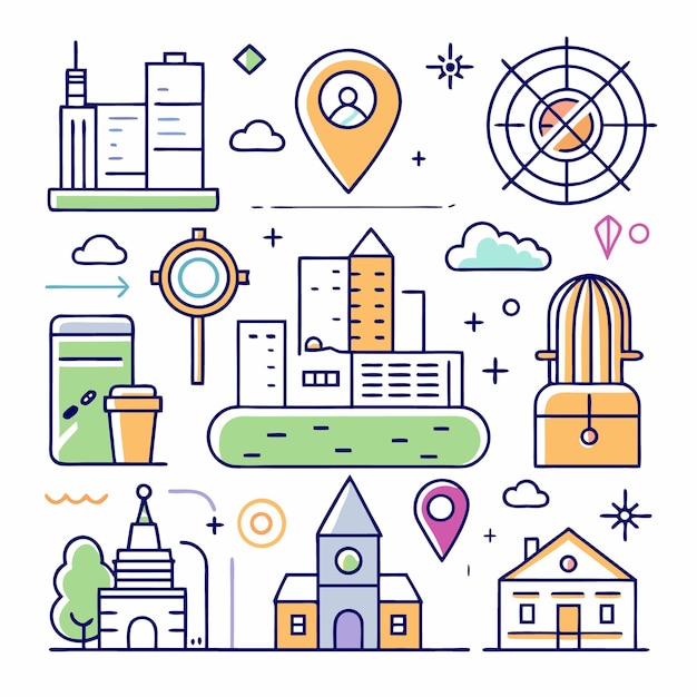 Paisaje urbano con edificios, casas y alfileres de ubicación