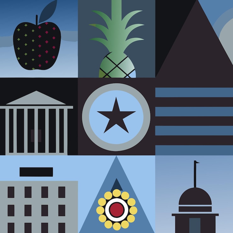 Vector paisaje urbano edificios de collage frutas y formas geométricas
