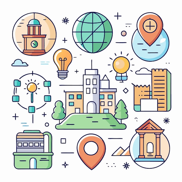 Paisaje urbano con edificios, globos, bombillas y alfileres de ubicación