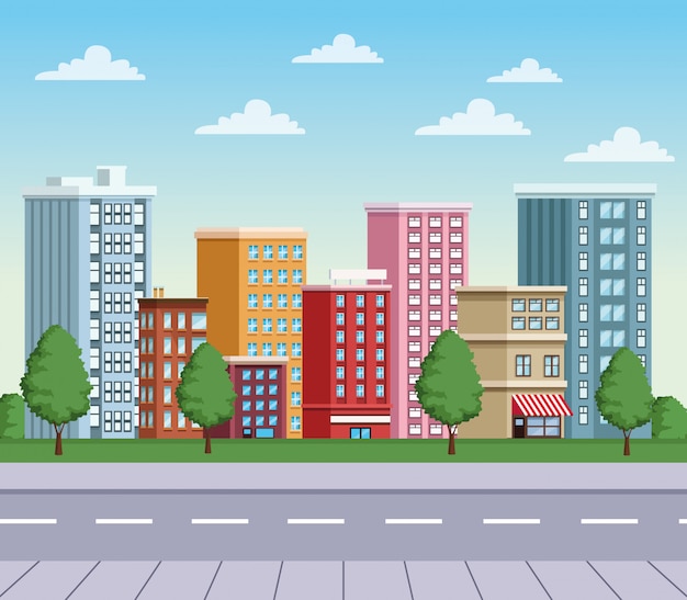 Paisaje urbano de edificios con paisaje urbano de carreteras