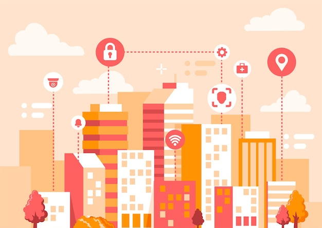 Paisaje urbano con elementos infográficos Ciudad inteligente Plantilla de sitio web de concepto de ciudad moderna