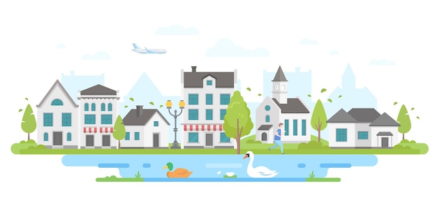 Paisaje urbano con un estanque - ilustración de vector de estilo moderno diseño plano sobre fondo blanco. Bonito barrio con pequeños edificios, árboles, iglesia, estanque con un cisne y un pato. Un avion en el cielo