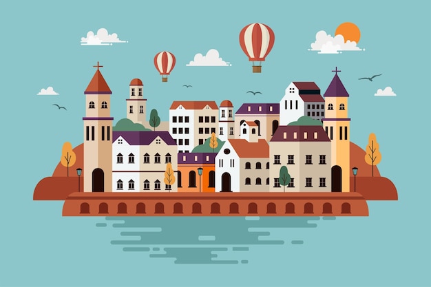 Paisaje urbano en un estilo plano minimalista geométrico Ilustración de paisaje urbano de diseño plano
