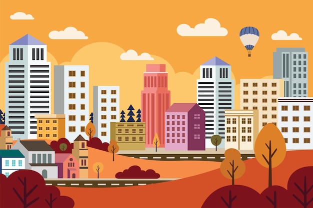 Paisaje urbano en un estilo plano minimalista geométrico Ilustración de paisaje urbano de diseño plano