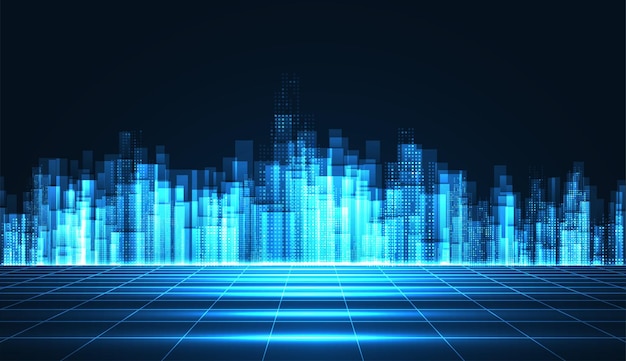 Paisaje urbano en fondo azul oscuro con brillante neón brillante Tecnología fondo de la ciudad