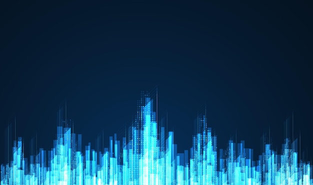 Paisaje urbano en fondo azul oscuro con brillante neón brillante Tecnología fondo de la ciudad