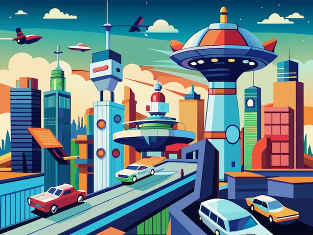 Vector paisaje urbano futurista con coches voladores y robots ilustración